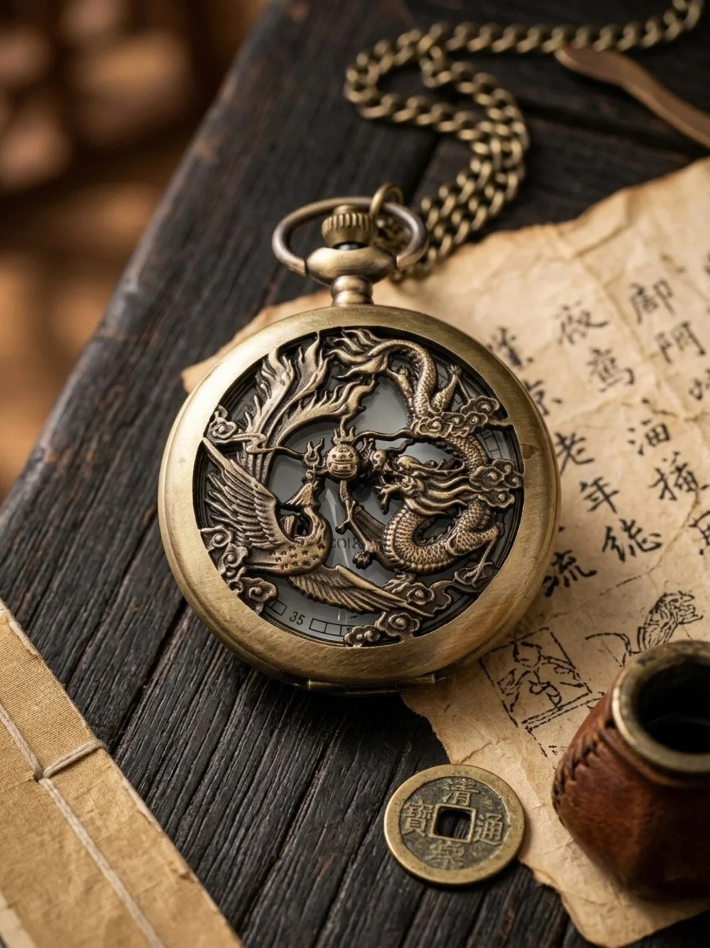 Antique-Style Dragon & Phoenix Bronze Pocket Watch Necklace